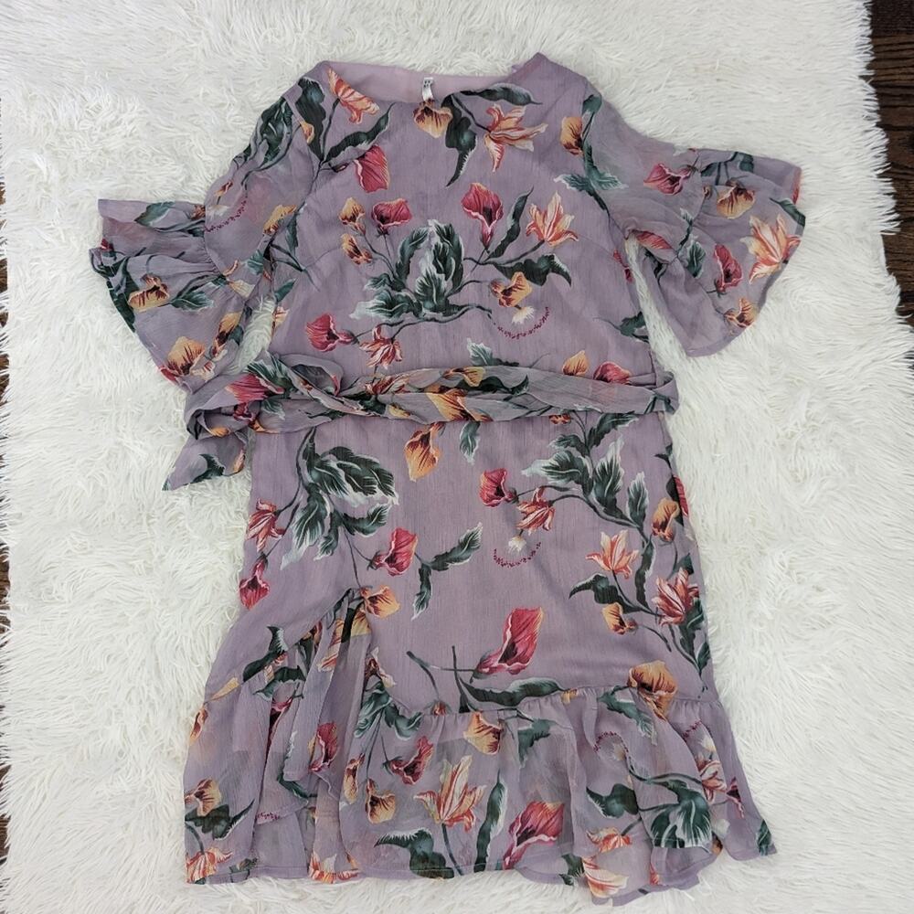 Women's Lilac Purple Floral Ruffle Mini Dress Waist Sash XS - Picture 6 of 6